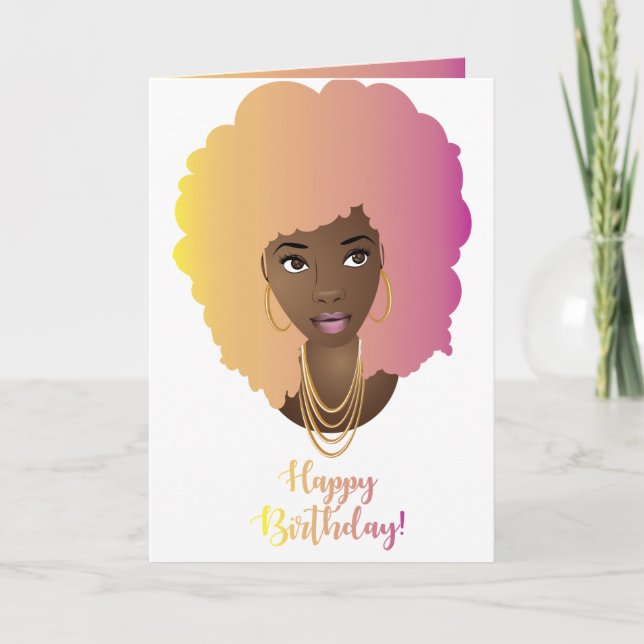 Carte Joyeux anniversaire ! Femme noire, cheveux colorés (Devant)