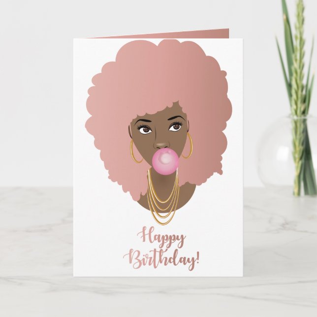 Carte Joyeux anniversaire ! Femme noire, Cheveux rose Go (Devant)