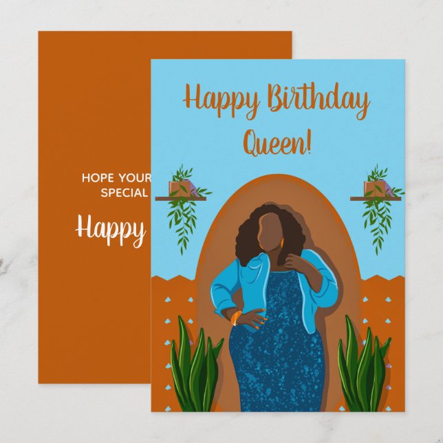 Carte Joyeux Anniversaire, Femme Noire Houseplant Orange (Devant / Derrière)