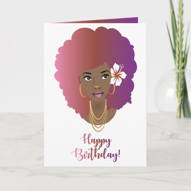 Carte Joyeux anniversaire ! Femme noire, rose et violet  (Devant)