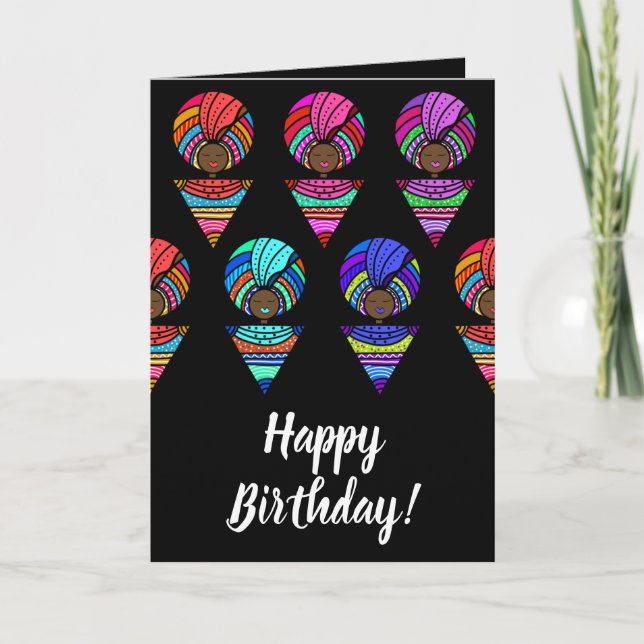 Carte Joyeux anniversaire ! Femmes noires, Turbans color (Devant)