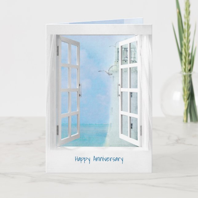 Carte Joyeux Anniversaire, fenêtre ouverte avec phare (Devant)