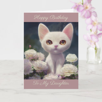 Carte Joyeux Anniversaire Fille | Adorable Chat Blanc 
