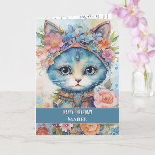Carte Joyeux anniversaire fille bleu chat larges yeux Fl