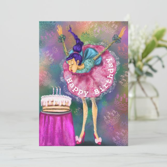 Carte Joyeux anniversaire - Fille soufflant des bougies  (Debout devant)
