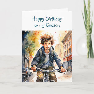 Carte Joyeux Anniversaire Filleul Garçon à vélo en vil