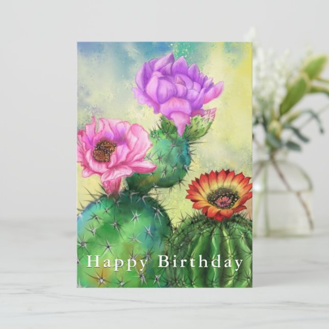Carte Joyeux anniversaire - Fleurs de cactus rouges viol (Debout devant)