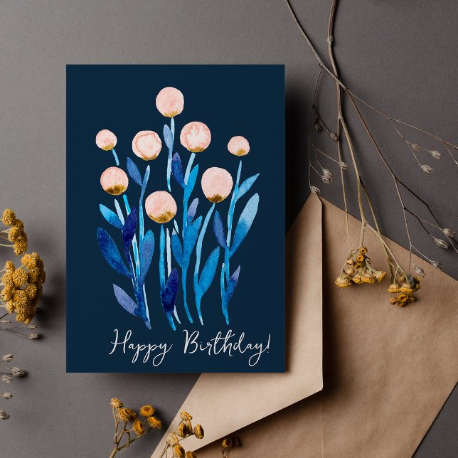 Carte Joyeux Anniversaire fleurs minimalistes aquarelle (Créateur téléchargé)