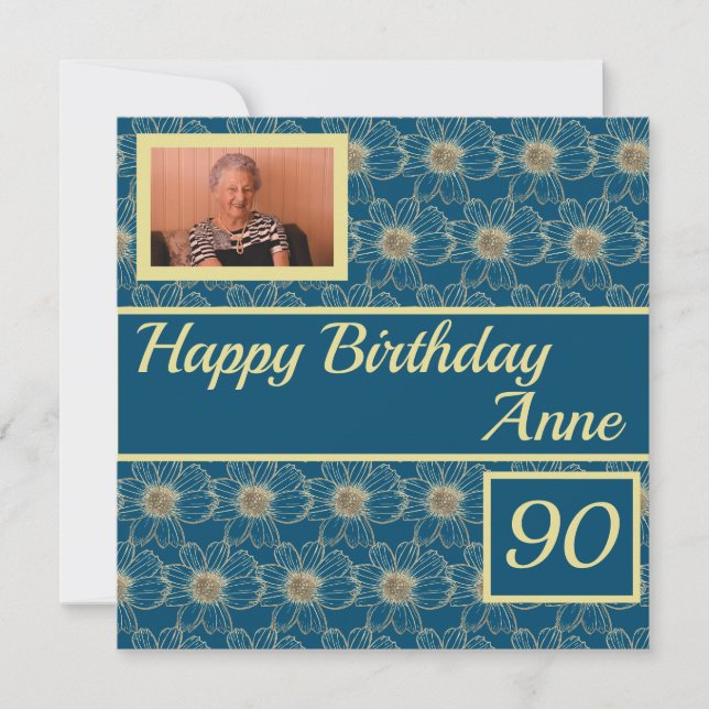 Carte Joyeux anniversaire Floral or Turquoise design Car (Devant)