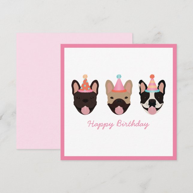 Carte Joyeux anniversaire français Bulldog Party Casquet (Devant / Derrière)