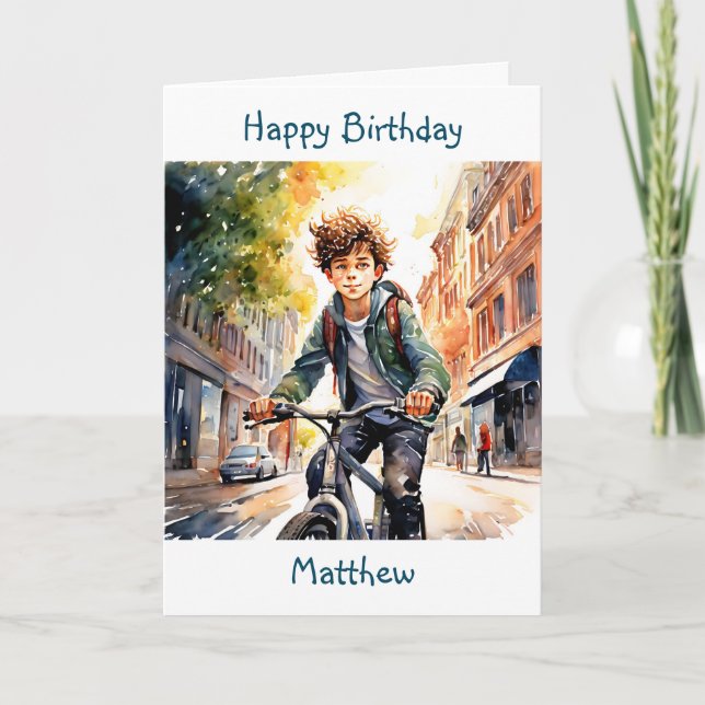 Carte Joyeux anniversaire | Garçon en vélo en ville Pers (Devant)