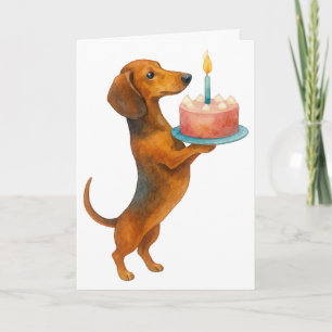 Carte Joyeux anniversaire gâteau chien teckel chiot sauc
