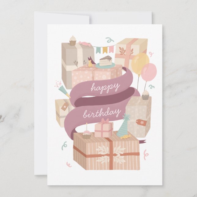 Carte Joyeux anniversaire. Gâteaux de fête et cadeaux (Devant)