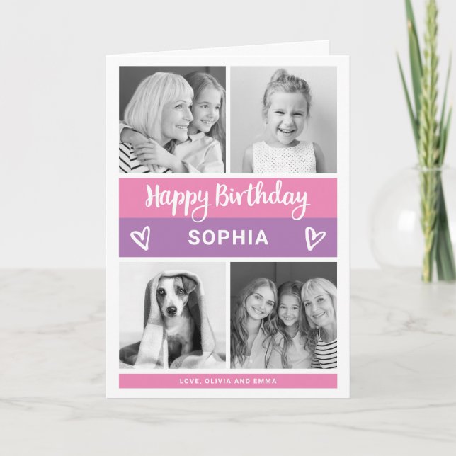 Carte Joyeux anniversaire | Grille photo bloc couleur ro (Devant)