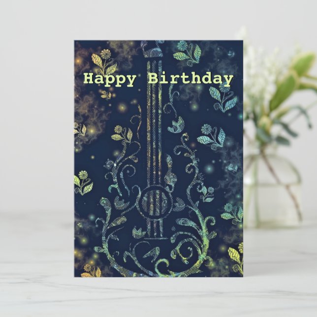 Carte Joyeux Anniversaire - Guitare aux Fleurs Romantiqu (Debout devant)