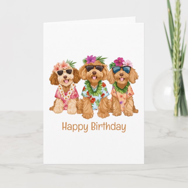 Carte Joyeux anniversaire Hawaiian Goldendoodle Dogs (Devant)