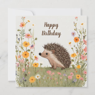 Carte Joyeux anniversaire Hérisson et nature Fleur sauva