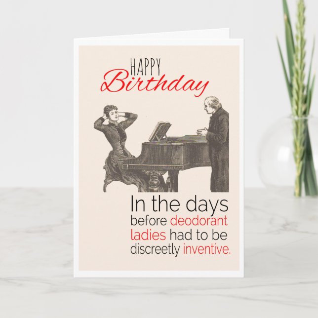 Carte Joyeux anniversaire, Humour victorien, déodorant, (Devant)
