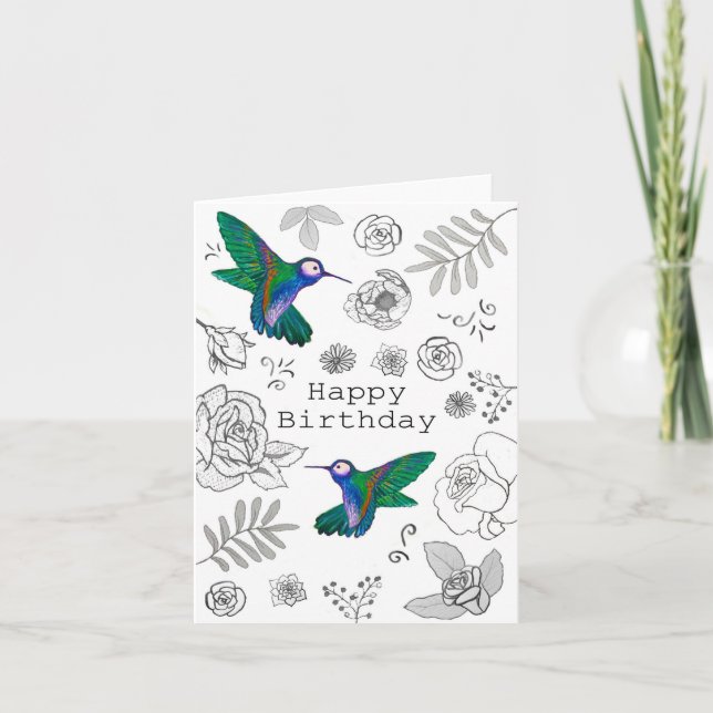 Carte Joyeux Anniversaire Illustré Floral Hummingbird Ca (Devant)