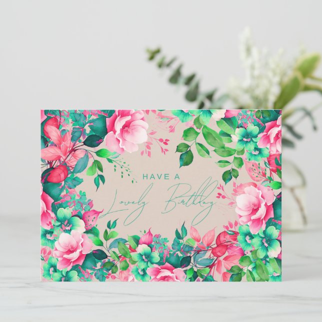 Carte Joyeux Anniversaire Jardin de printemps Champagne  (Debout devant)