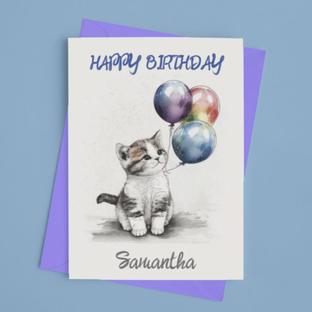 Carte Joyeux Anniversaire Joli Chat avec Ballons (Créateur téléchargé)