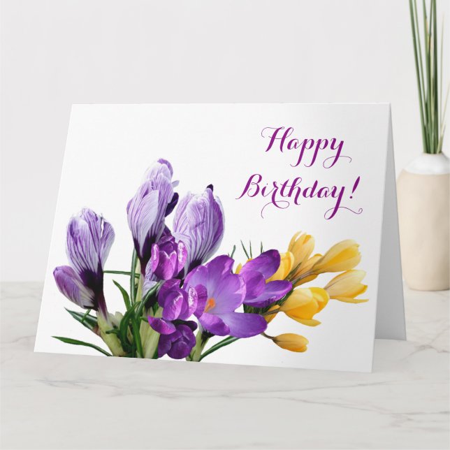 Carte Joyeux Anniversaire joli crocus jaune violet fleur (Devant)