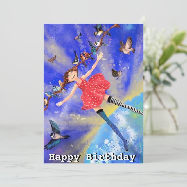 Carte Joyeux anniversaire - Joyeuse fille aux oiseaux (Debout devant)