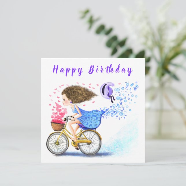 Carte Joyeux Anniversaire - Joyeuse Jeune Fille Sur Un V (Debout devant)