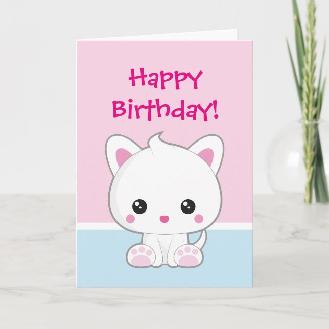 Carte Joyeux anniversaire Kawaii Chat blanc (Devant)