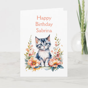 Carte Joyeux anniversaire Kitten gris personnalisé