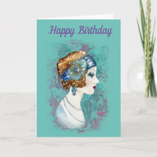 Carte  Joyeux anniversaire.La Dame des années 20.