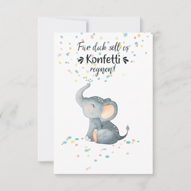 Carte Joyeux anniversaire, l'éléphant se fait des confet (Devant)