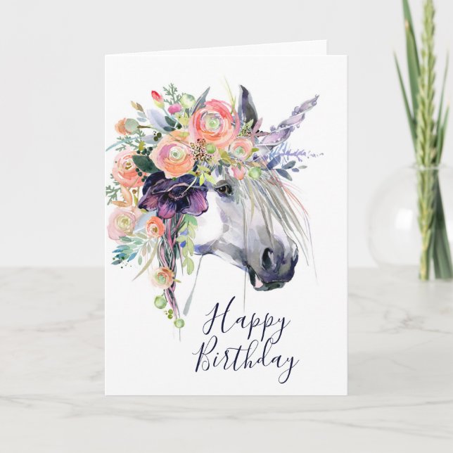 Carte Joyeux Anniversaire | Licorne en Robe Florale (Devant)