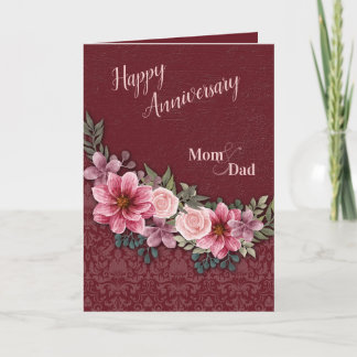 Carte Joyeux anniversaire maman et papa rose Roses Damas