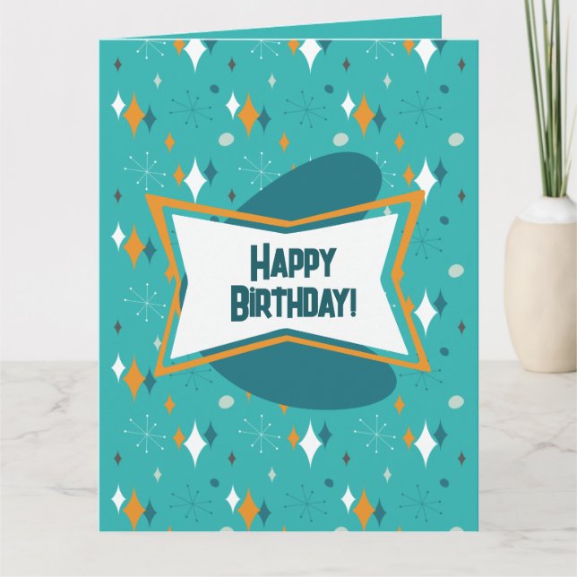 Carte Joyeux anniversaire, MCM Starburst atomique Turquo (Devant)
