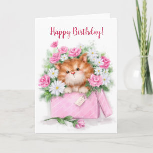 Carte Joyeux anniversaire, mignon chat dans la boîte à f