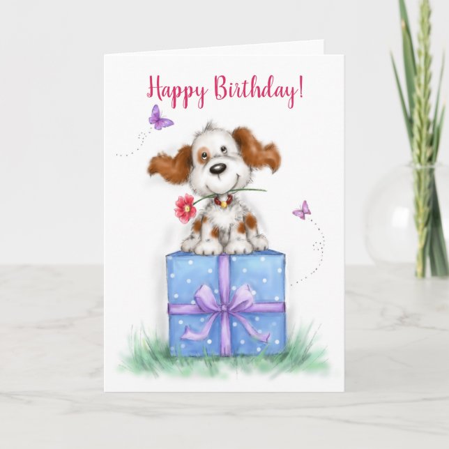 Carte Joyeux Anniversaire, mignon chien en cadeau (Devant)