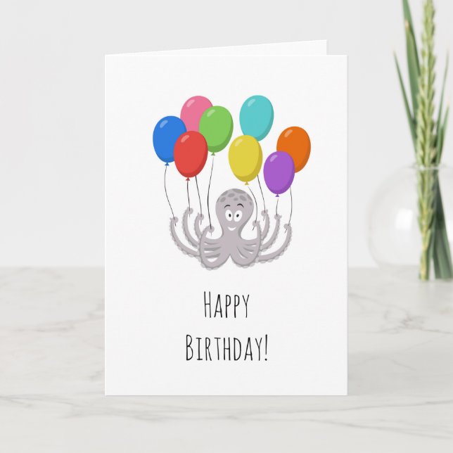 Carte Joyeux Anniversaire mignon Funny poulpe Ballons de (Devant)