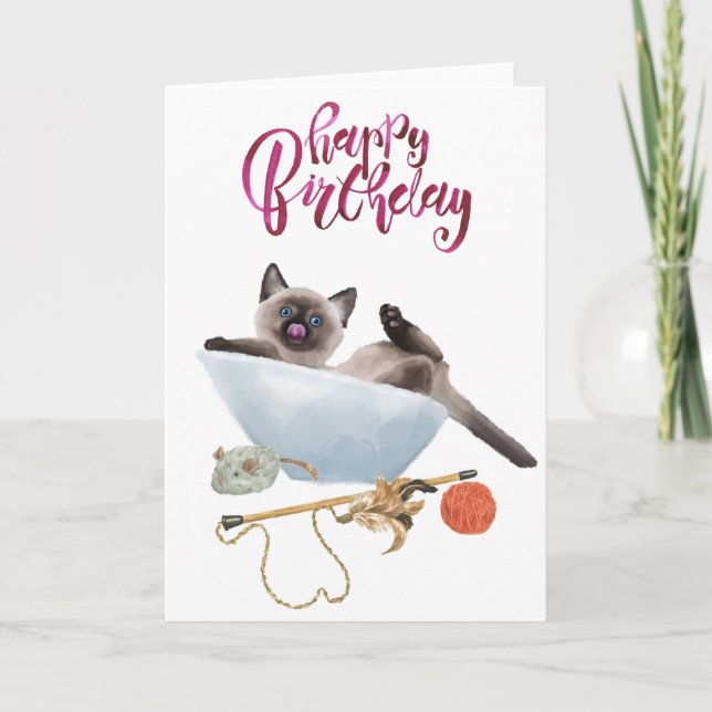 Carte Joyeux Anniversaire Mignonne Aquarelle Siamese Kit (Devant)