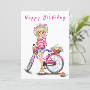 Carte Joyeux anniversaire - mignonne fille blonde avec V