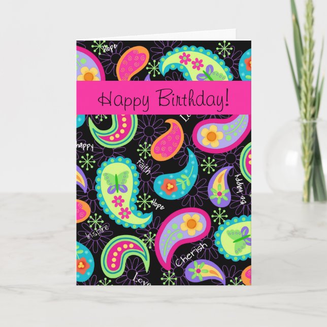 Carte Joyeux anniversaire moderne rose fuchsia noir de (Devant)