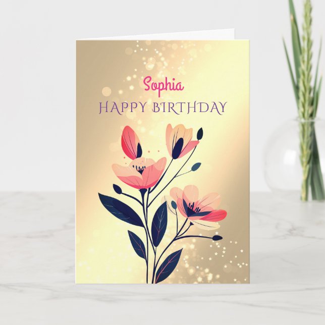 Carte Joyeux Anniversaire, Nom, Fleurs sur Or (Devant)