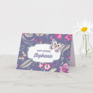 Carte Joyeux anniversaire. Nom personnalisé   Fleurs et 