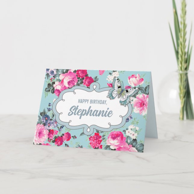 Carte Joyeux anniversaire. Nom personnalisé | Fleurs et  (Devant)