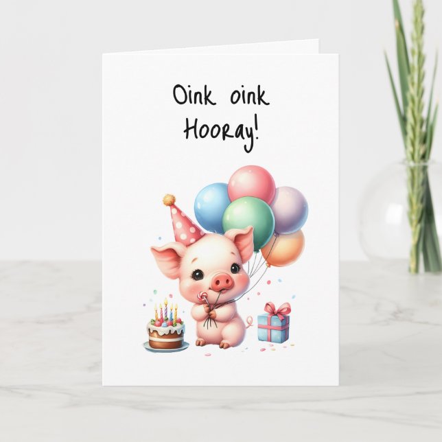 Carte Joyeux Anniversaire Oink Hooray Cake Balloons (Devant)