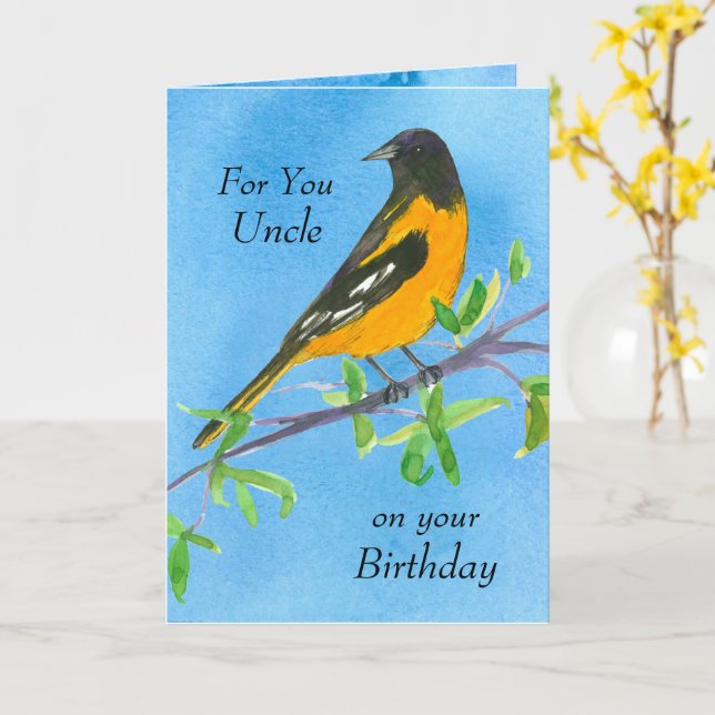 Carte Joyeux anniversaire Oncle Baltimore Oiseau Oriole (Fleur jaune)