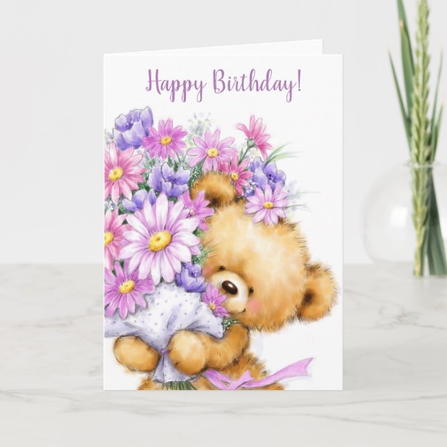 Carte Joyeux anniversaire, ours mignon avec de belles fl (Devant)