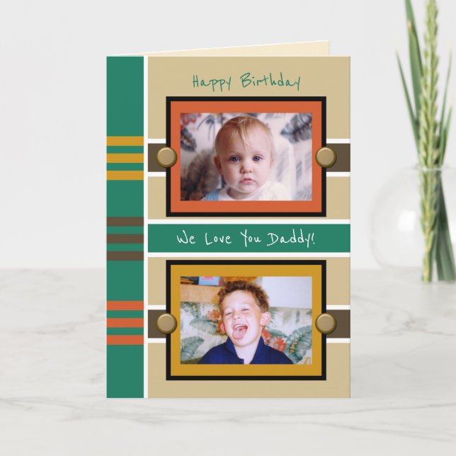 Carte Joyeux anniversaire papa brun vert photo saluant (Devant)