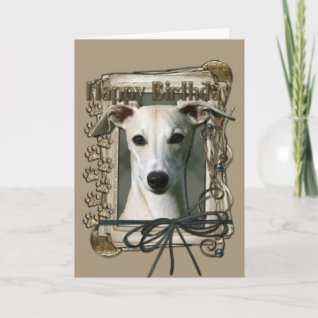 Carte Joyeux anniversaire - pattes en pierre - whippet (Devant)
