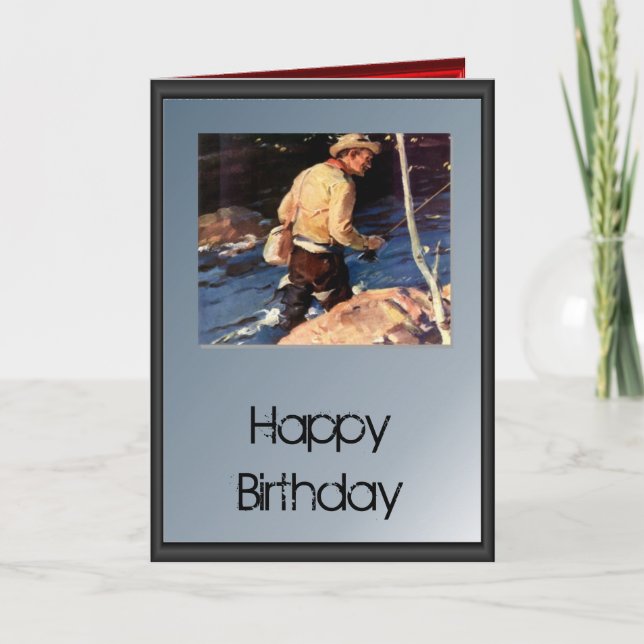 Carte Joyeux anniversaire - pêcheur au bord de la rivièr (Devant)